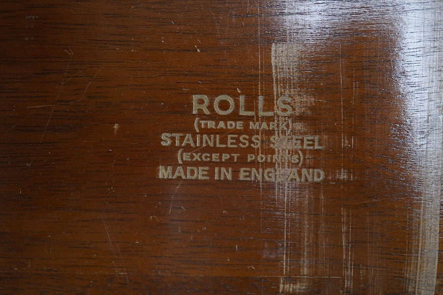 A wooden boxed Rolls stainless steel beam compass, box 53cm x 19cm. Condition - box scratched, compass good, no elements missing